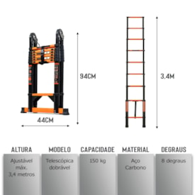 Escada aço carbono telescópica dupla EspaçoFix 8 degraus 3,40 m 2