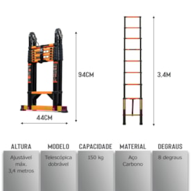 Escada aço carbono telescópica dupla EspaçoFix 8 degraus 3,4m até 150kg 2