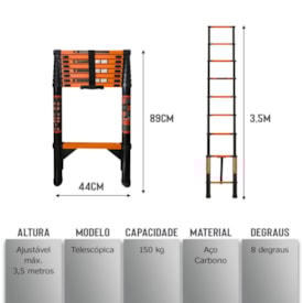 Escada aço carbono telescópica EspaçoFix 9 degraus 3,5m até 150kg 2
